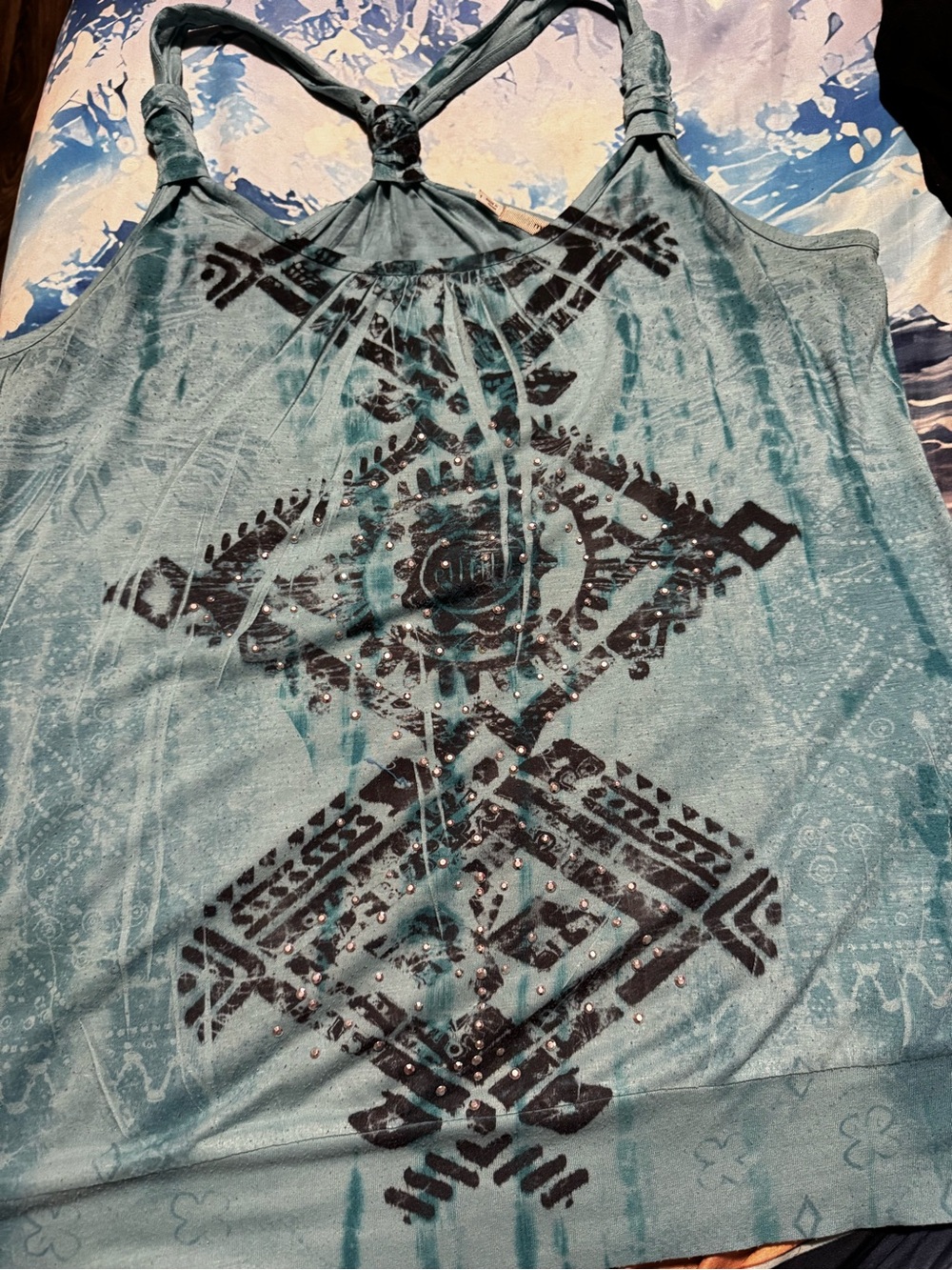 Women’s Aztec-Print Tie-Back Tank Top - Teal